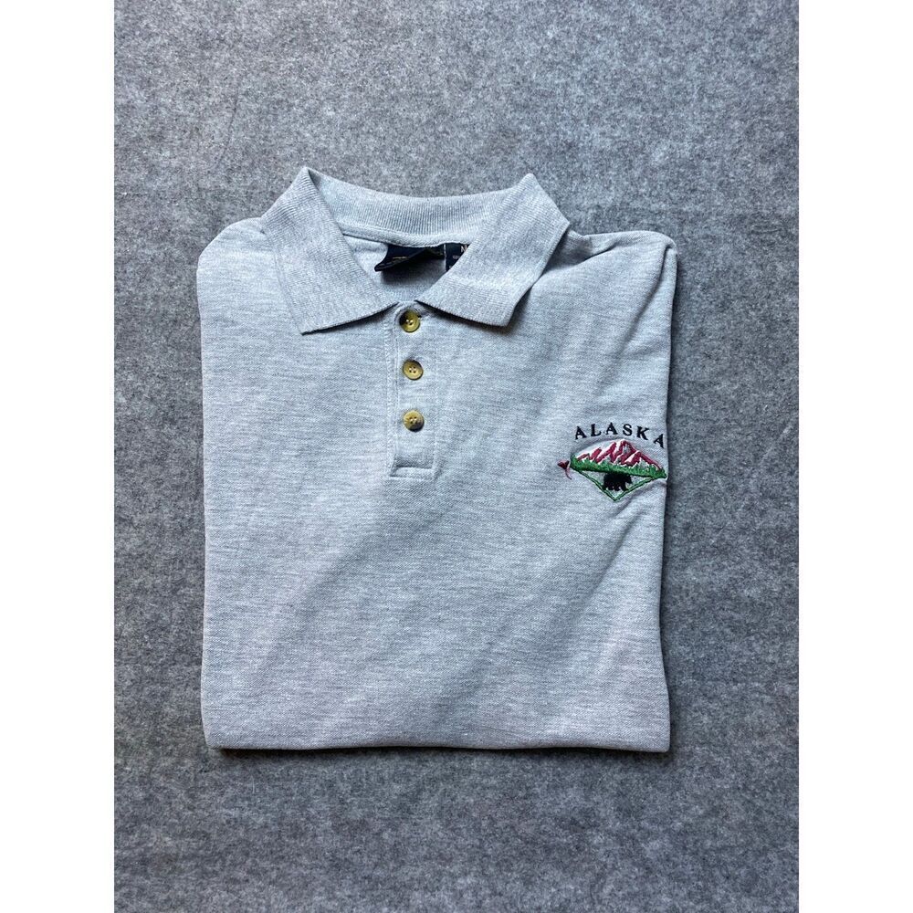 Vintage Alaska Polo Shirt Mens Medium Gray Bear Embroidered